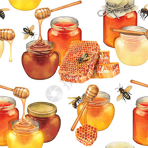 石蜂糖由蜂蜜和蜂环绕着不同种类蜂蜜的水彩瓶子插画