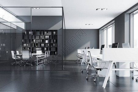 长白天池时尚的会议室内部配有玻璃和灰色墙壁瓷砖地板带椅子的长白桌黑色书柜和开放空间区插画