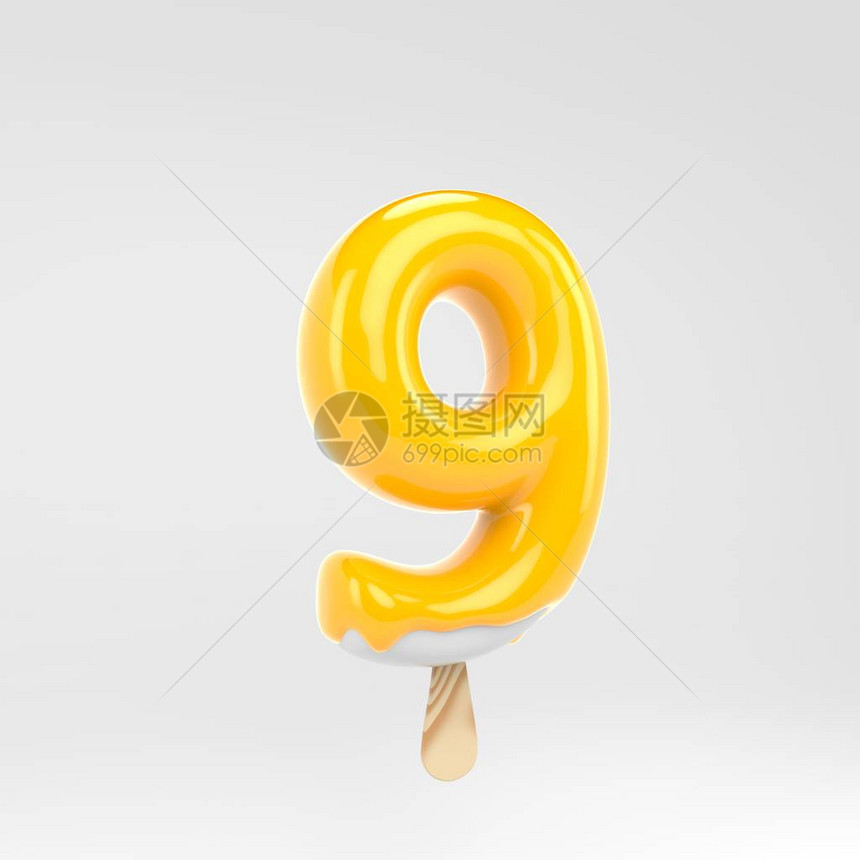 冰淇淋编号9黄色冰棒字母表3d呈现甜点刻字孤立在白色背景上可图片