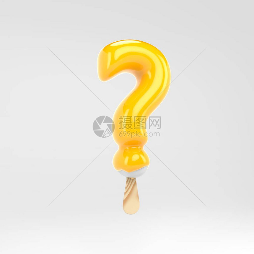 冰淇淋问题符号黄色冰棒字母表3d呈现甜点刻字孤立在白色背景上可图片