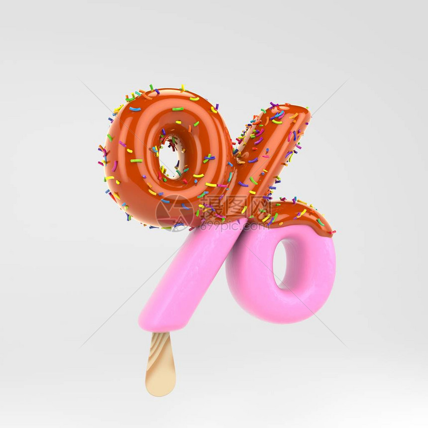 冰淇淋百分比符号带有焦糖和洒水的粉红色冰棒字体3d呈现孤立在白色背景上的字母类型对于横幅图片
