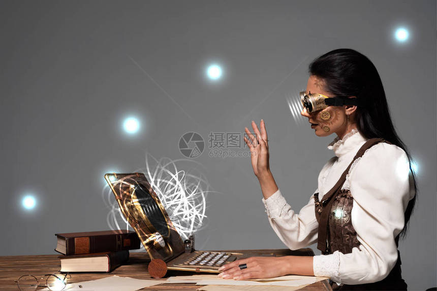 戴护目镜的女人在与灰色隔离的彩光数字插图进行视频图片
