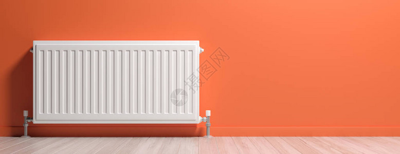 明装暖气片散热器房间内部橙色墙壁木地板横幅复制空间设计图片