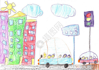 建筑和汽车的儿童绘画城图片