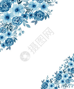 带有蓝色水彩花束蓝色单花卉装饰框的冬图片