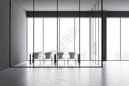 内有灰色和玻璃墙壁的办公大厅水泥地板和宽敞的最小会议室图片