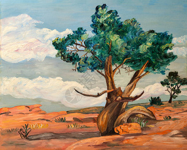 赤褐砂岩地貌美国西南部亚利桑那州或内华达州干旱地貌的花粉树和沙漠植物的插画