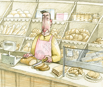 面包师在柜台切面包图片
