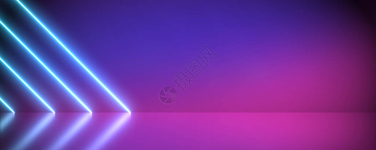 蓝和紫光形状线对宽度背景和无空间反射混凝土的三角形背景图片