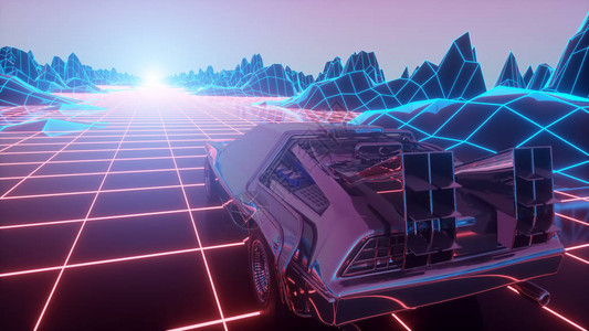 1980年代的车型在虚拟光线上移动3D插图图片