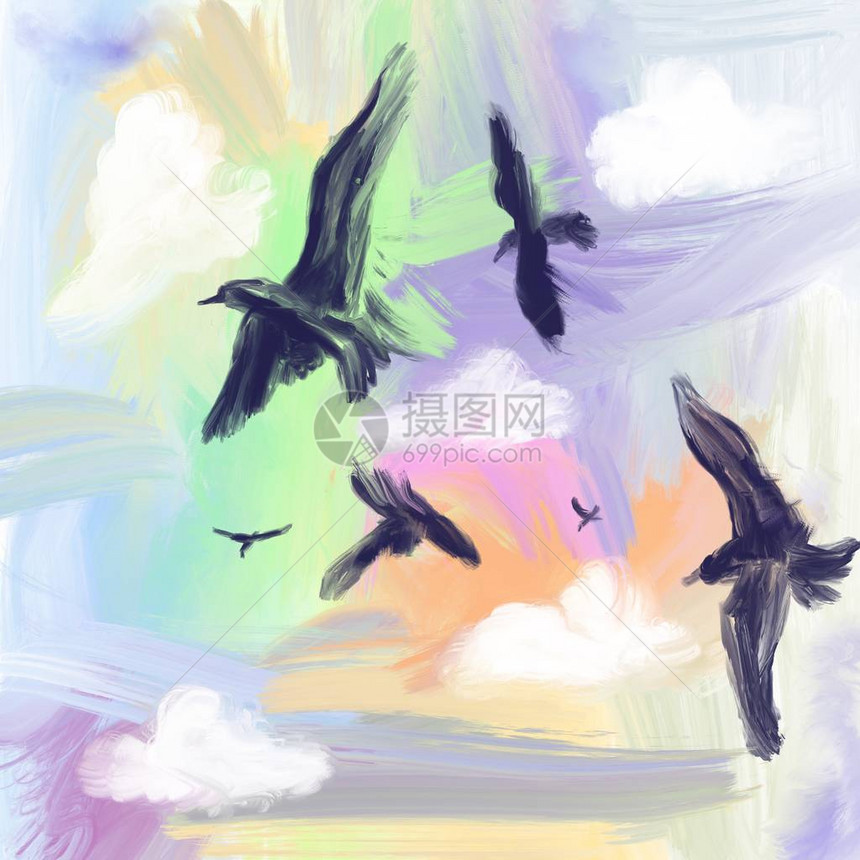 魔法天空中的黑鸟背景是云彩图片