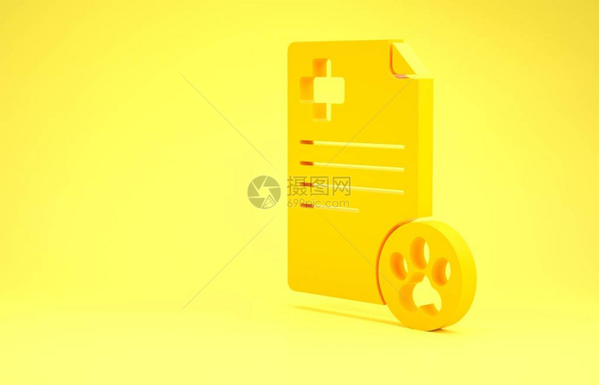 黄色剪贴板与医疗临床记录宠物图标隔离在黄色背景健康保险表格医疗检查标记报告极简主义概念3d插图图片