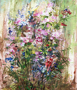 粉色和蓝色花朵的花束丙烯画艺术插图图片