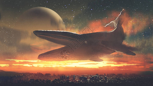 巨型鲸鱼在城市上空飞翔的幻想景象与日落天空数字艺术风格图片