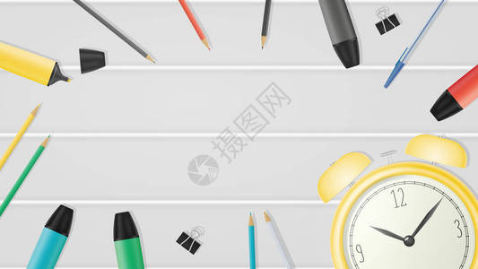 白板背景文具毡尖笔记号笔铅笔钢笔和旧手表背景图片