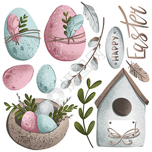 digitalDigital为复活节展示了一套可爱柔和的柔和粉色米色蓝调鸡蛋羽毛鸟巢鸟屋复活节快乐题词打印卡片面料插画