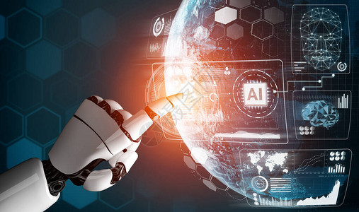 阿尔俾斯山3D渲染未来机器人技术开发人工智能AI和机器学习概念全球机器人仿生科学研究为人设计图片