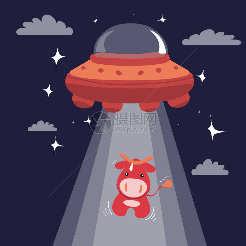 有趣的可爱卡通插图UFO与可爱的绑架红牛隔离在深蓝色背景为T恤贺卡派对海报贴纸装饰图片