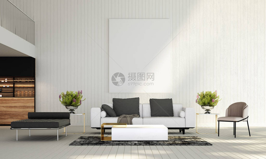 休息室和现代起居室以及白色木制墙纹图片