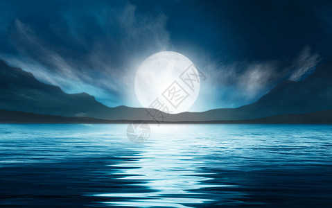 夜海景具有海洋背景和日落月亮的黑暗景观在蓝光的抽象夜景月亮在夜水中的倒影空背景图片