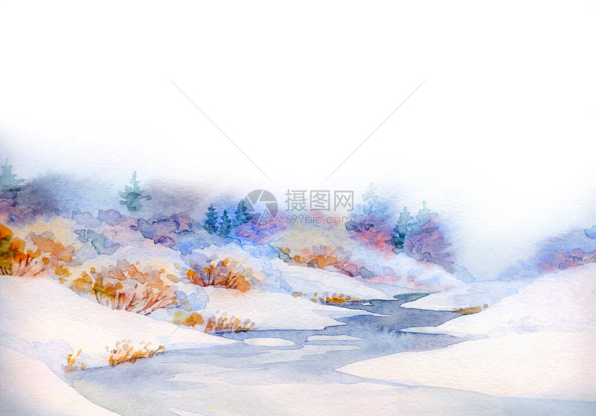 明亮的手绘水彩颜料素描艺术品在轻纸卡背景文本空间上平静的蓝色漂流灌木植物冬日场景冰冷的新年解冻溪图片