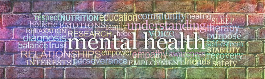 心理健康意识运动砖墙涂鸦横幅宽彩虹色的砖墙图片