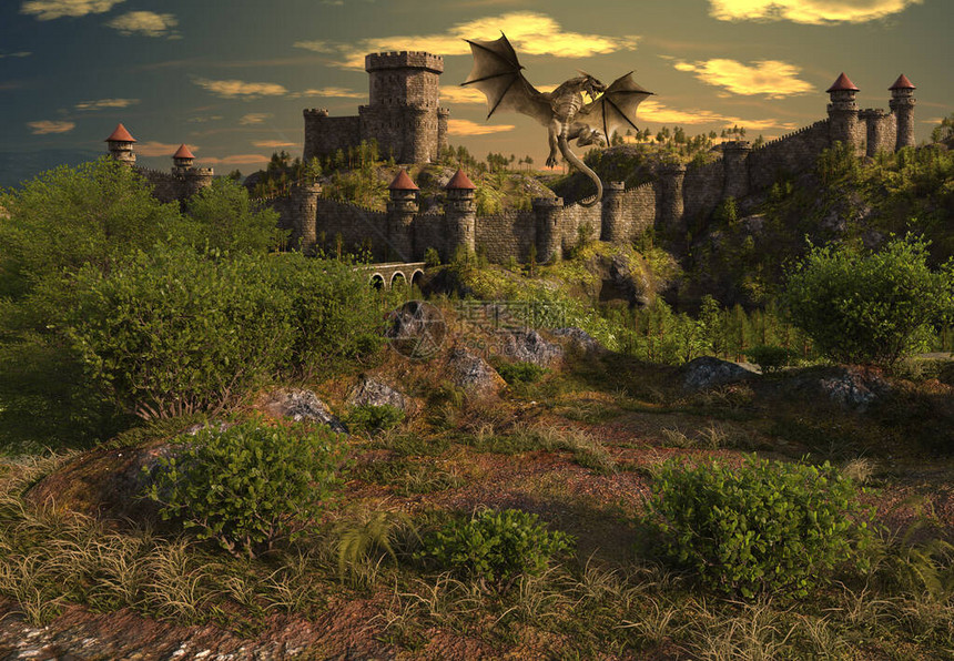 3D龙和城堡的幻想景观图片