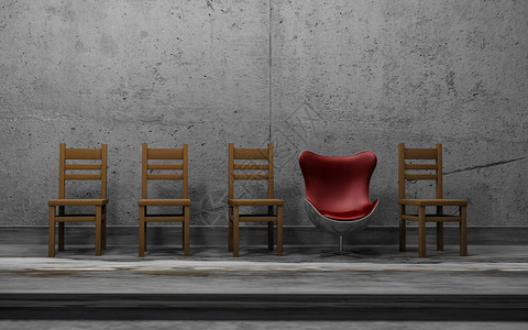 一排木椅和一把奇怪的现代椅子独特的概念与红色杰出的椅子这是一个3图片