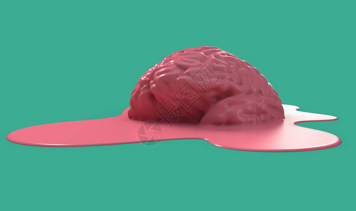 人类大脑在绿色背景上熔化成一股液体的3D转化而图片