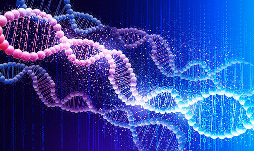 人类基因概念用闪亮的DNA分子在蓝色背景全背景图片