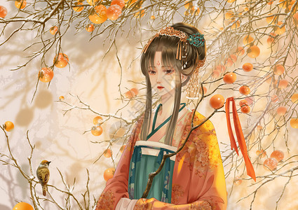 霜降摘柿子的古代女子古风插画背景图片