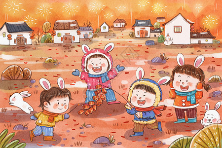 欢乐新春插画兔年之一月新年春节过年手绘水彩插画插画