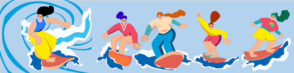 冲浪板素材蓝黄色扁平风人物场景兴趣爱好人物SVG插画插画