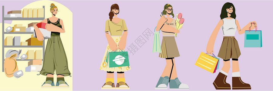 外出逛街户外沙漠色系时尚少女外出购物生活拆分人物组件插画