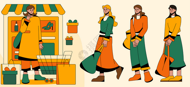 SVG插画组件女孩商场购物背景图片