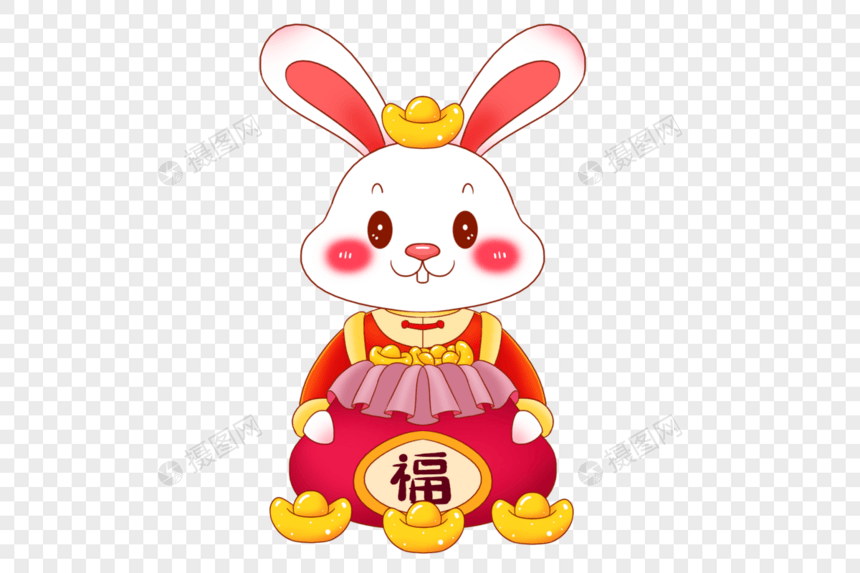 2023年兔年新年可爱的卡通小兔子抱着福袋图片
