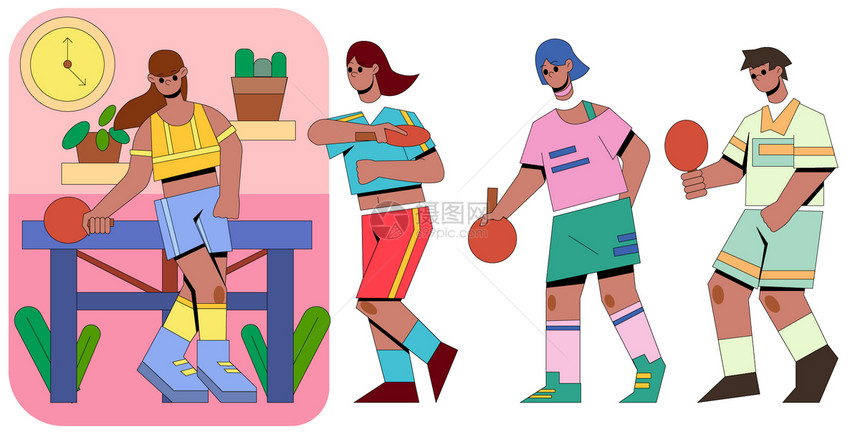 SVG扁平风人物之乒乓球运动人物组件插画图片
