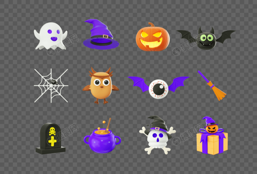 创意C4D万圣节可爱卡通元素3D立体模型图片
