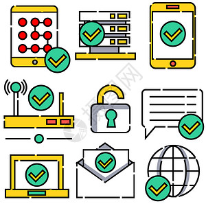 家庭互联网计算机绿色安全通过线性图标icon插画