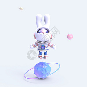 美陈素材科技风宇航员兔兔漂浮站立插画