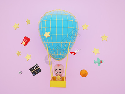 C4DQ版婴儿双手捧星星坐热气球3D元素高清图片