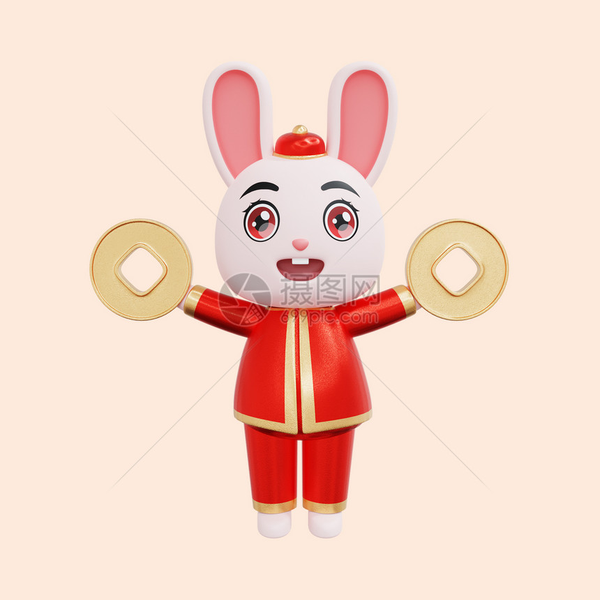喜庆兔年兔子创意手拿金币3D元素图片