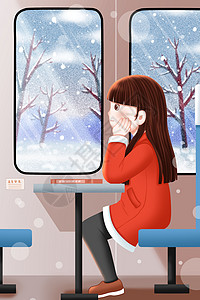 下雪天坐在列车上的女孩图片