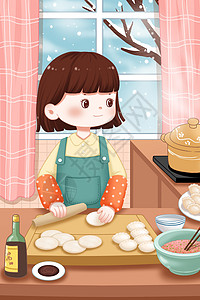 饺子制作立冬节气厨房里包饺子的女孩插画