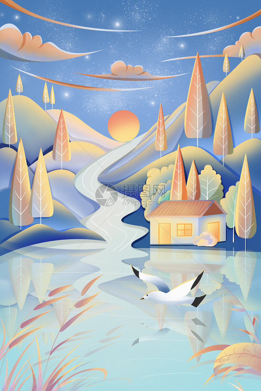 湖边小屋清冷氛围立冬节气插画海报图片