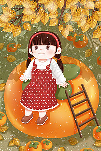 秋天坐在柿子上的小女孩图片