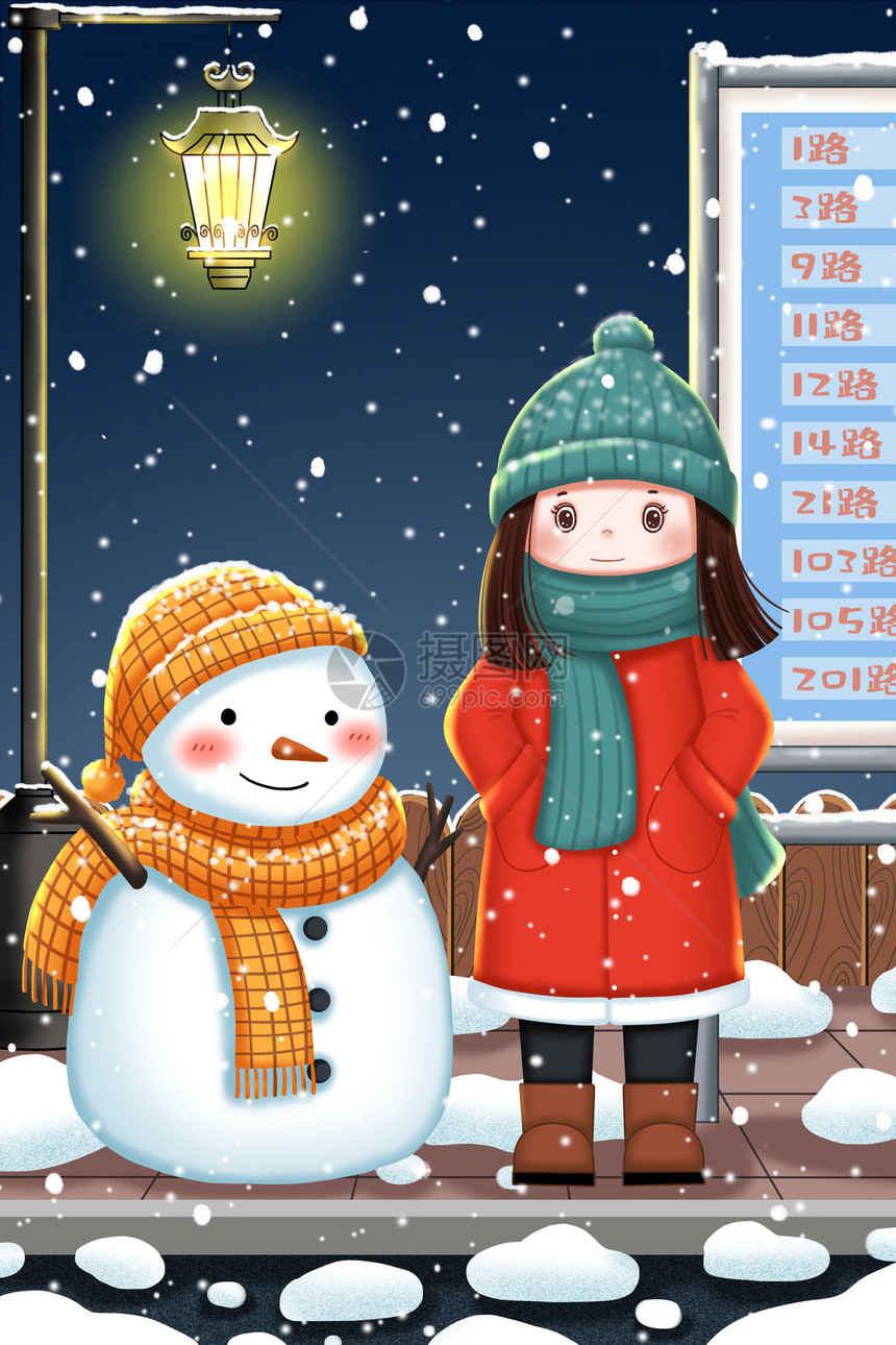 下雪天公交站牌前的女孩和雪人图片