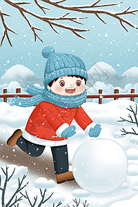玩雪的小孩在雪地里滚雪球的小孩插画