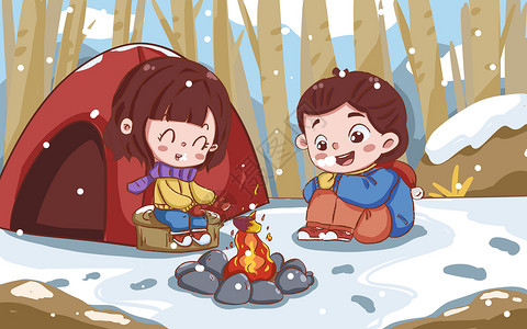 立冬时节在森林里烤地瓜的小女孩插画