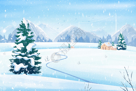 圣诞节漂浮雪花立冬冬天雪山雪景插画背景插画